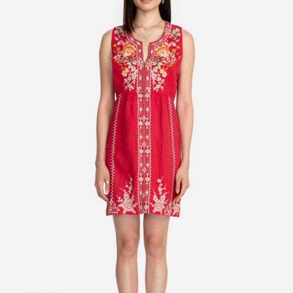 Johnny Was Crimson Floral Embroidered Midi Dress